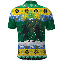 Gabon Christmas Polo Shirt with Black Panthers Carrying Tree and Green Yellow Snowflake Pattern - Wonder Print Shop