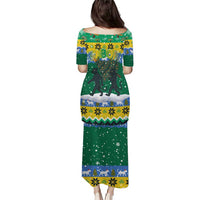 Gabon Christmas Puletasi with Black Panthers Carrying Tree and Green Yellow Snowflake Pattern - Wonder Print Shop