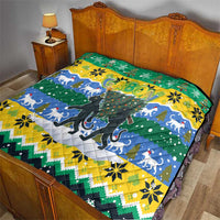 Gabon Christmas Quilt with Black Panthers Carrying Tree and Green Yellow Snowflake Pattern - Wonder Print Shop