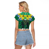Gabon Christmas Raglan Cropped T Shirt with Black Panthers Carrying Tree and Green Yellow Snowflake Pattern - Wonder Print Shop