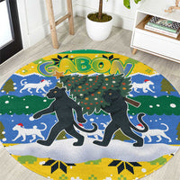 Gabon Christmas Round Carpet with Black Panthers Carrying Tree and Green Yellow Snowflake Pattern - Wonder Print Shop