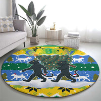 Gabon Christmas Round Carpet with Black Panthers Carrying Tree and Green Yellow Snowflake Pattern - Wonder Print Shop