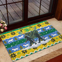 Gabon Christmas Rubber Doormat with Black Panthers Carrying Tree and Green Yellow Snowflake Pattern - Wonder Print Shop