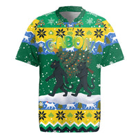 Gabon Christmas Rugby Jersey with Black Panthers Carrying Tree and Green Yellow Snowflake Pattern - Wonder Print Shop