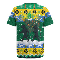 Gabon Christmas Rugby Jersey with Black Panthers Carrying Tree and Green Yellow Snowflake Pattern - Wonder Print Shop