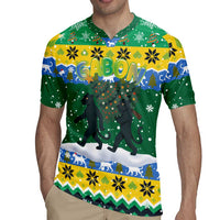 Gabon Christmas Rugby Jersey with Black Panthers Carrying Tree and Green Yellow Snowflake Pattern - Wonder Print Shop