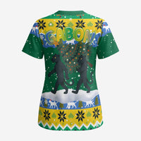 Gabon Christmas Scrub Top with Black Panthers Carrying Tree and Green Yellow Snowflake Pattern - Wonder Print Shop