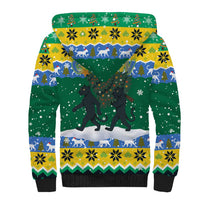 Gabon Christmas Sherpa Hoodie with Black Panthers Carrying Tree and Green Yellow Snowflake Pattern - Wonder Print Shop