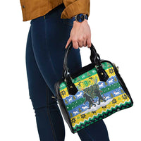 Gabon Christmas Shoulder Handbag with Black Panthers Carrying Tree and Green Yellow Snowflake Pattern - Wonder Print Shop