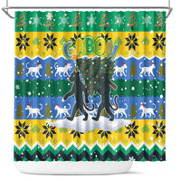 Gabon Christmas Shower Curtain with Black Panthers Carrying Tree and Green Yellow Snowflake Pattern - Wonder Print Shop