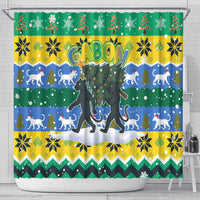 Gabon Christmas Shower Curtain with Black Panthers Carrying Tree and Green Yellow Snowflake Pattern - Wonder Print Shop