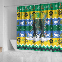 Gabon Christmas Shower Curtain with Black Panthers Carrying Tree and Green Yellow Snowflake Pattern - Wonder Print Shop