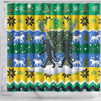 Gabon Christmas Shower Curtain with Black Panthers Carrying Tree and Green Yellow Snowflake Pattern - Wonder Print Shop