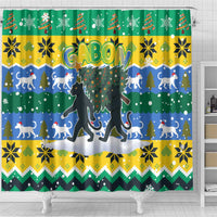 Gabon Christmas Shower Curtain with Black Panthers Carrying Tree and Green Yellow Snowflake Pattern - Wonder Print Shop