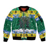 Gabon Christmas Sleeve Zip Bomber Jacket with Black Panthers Carrying Tree and Green Yellow Snowflake Pattern - Wonder Print Shop