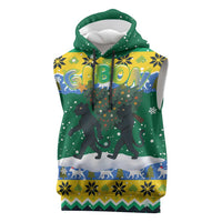 Gabon Christmas Sleeveless Hoodie with Black Panthers Carrying Tree and Green Yellow Snowflake Pattern - Wonder Print Shop