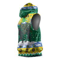 Gabon Christmas Sleeveless Hoodie with Black Panthers Carrying Tree and Green Yellow Snowflake Pattern - Wonder Print Shop