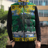 Gabon Christmas Sleeveless Puffer Jacket with Black Panthers Carrying Tree and Green Yellow Snowflake Pattern - Wonder Print Shop