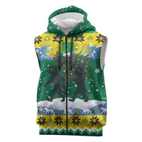 Gabon Christmas Sleeveless Zip Hoodie with Black Panthers Carrying Tree and Green Yellow Snowflake Pattern - Wonder Print Shop
