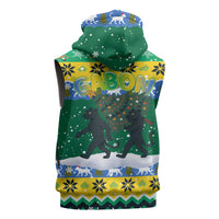 Gabon Christmas Sleeveless Zip Hoodie with Black Panthers Carrying Tree and Green Yellow Snowflake Pattern - Wonder Print Shop