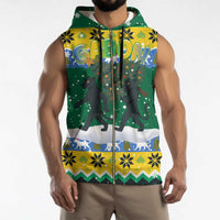 Gabon Christmas Sleeveless Zip Hoodie with Black Panthers Carrying Tree and Green Yellow Snowflake Pattern - Wonder Print Shop