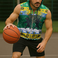 Gabon Christmas Sleeveless Zip Hoodie with Black Panthers Carrying Tree and Green Yellow Snowflake Pattern - Wonder Print Shop