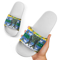 Gabon Christmas Slide Sandals with Black Panthers Carrying Tree and Green Yellow Snowflake Pattern - Wonder Print Shop