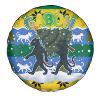 Gabon Christmas Spare Tire Cover with Black Panthers Carrying Tree and Green Yellow Snowflake Pattern - Wonder Print Shop