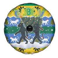Gabon Christmas Spare Tire Cover with Black Panthers Carrying Tree and Green Yellow Snowflake Pattern - Wonder Print Shop