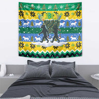 Gabon Christmas Tapestry with Black Panthers Carrying Tree and Green Yellow Snowflake Pattern - Wonder Print Shop