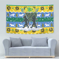 Gabon Christmas Tapestry with Black Panthers Carrying Tree and Green Yellow Snowflake Pattern - Wonder Print Shop