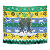 Gabon Christmas Tapestry with Black Panthers Carrying Tree and Green Yellow Snowflake Pattern - Wonder Print Shop