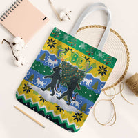 Gabon Christmas Tote Bag with Black Panthers Carrying Tree and Green Yellow Snowflake Pattern - Wonder Print Shop