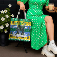 Gabon Christmas Tote Bag with Black Panthers Carrying Tree and Green Yellow Snowflake Pattern - Wonder Print Shop