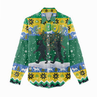 Gabon Christmas Women Casual Shirt with Black Panthers Carrying Tree and Green Yellow Snowflake Pattern - Wonder Print Shop