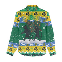 Gabon Christmas Women Casual Shirt with Black Panthers Carrying Tree and Green Yellow Snowflake Pattern - Wonder Print Shop