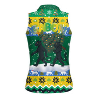 Gabon Christmas Women Sleeveless Polo Shirt with Black Panthers Carrying Tree and Green Yellow Snowflake Pattern - Wonder Print Shop