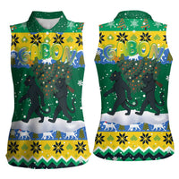 Gabon Christmas Women Sleeveless Polo Shirt with Black Panthers Carrying Tree and Green Yellow Snowflake Pattern - Wonder Print Shop