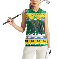 Gabon Christmas Women Sleeveless Polo Shirt with Black Panthers Carrying Tree and Green Yellow Snowflake Pattern - Wonder Print Shop