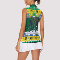 Gabon Christmas Women Sleeveless Polo Shirt with Black Panthers Carrying Tree and Green Yellow Snowflake Pattern - Wonder Print Shop