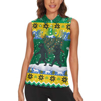 Gabon Christmas Women Sleeveless Polo Shirt with Black Panthers Carrying Tree and Green Yellow Snowflake Pattern - Wonder Print Shop