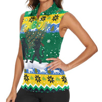 Gabon Christmas Women Sleeveless Polo Shirt with Black Panthers Carrying Tree and Green Yellow Snowflake Pattern - Wonder Print Shop