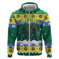 Gabon Christmas Zip Hoodie with Black Panthers Carrying Tree and Green Yellow Snowflake Pattern - Wonder Print Shop
