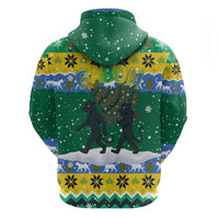 Gabon Christmas Zip Hoodie with Black Panthers Carrying Tree and Green Yellow Snowflake Pattern - Wonder Print Shop