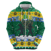 Gabon Christmas Zip Hoodie with Black Panthers Carrying Tree and Green Yellow Snowflake Pattern - Wonder Print Shop