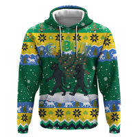 Gabon Christmas Zip Hoodie with Black Panthers Carrying Tree and Green Yellow Snowflake Pattern - Wonder Print Shop