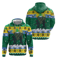 Gabon Christmas Zip Hoodie with Black Panthers Carrying Tree and Green Yellow Snowflake Pattern - Wonder Print Shop