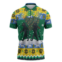Gabon Christmas Zipper Polo Shirt with Black Panthers Carrying Tree and Green Yellow Snowflake Pattern - Wonder Print Shop