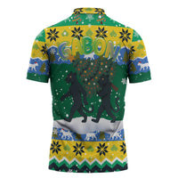 Gabon Christmas Zipper Polo Shirt with Black Panthers Carrying Tree and Green Yellow Snowflake Pattern - Wonder Print Shop