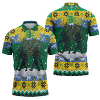 Gabon Christmas Zipper Polo Shirt with Black Panthers Carrying Tree and Green Yellow Snowflake Pattern - Wonder Print Shop
